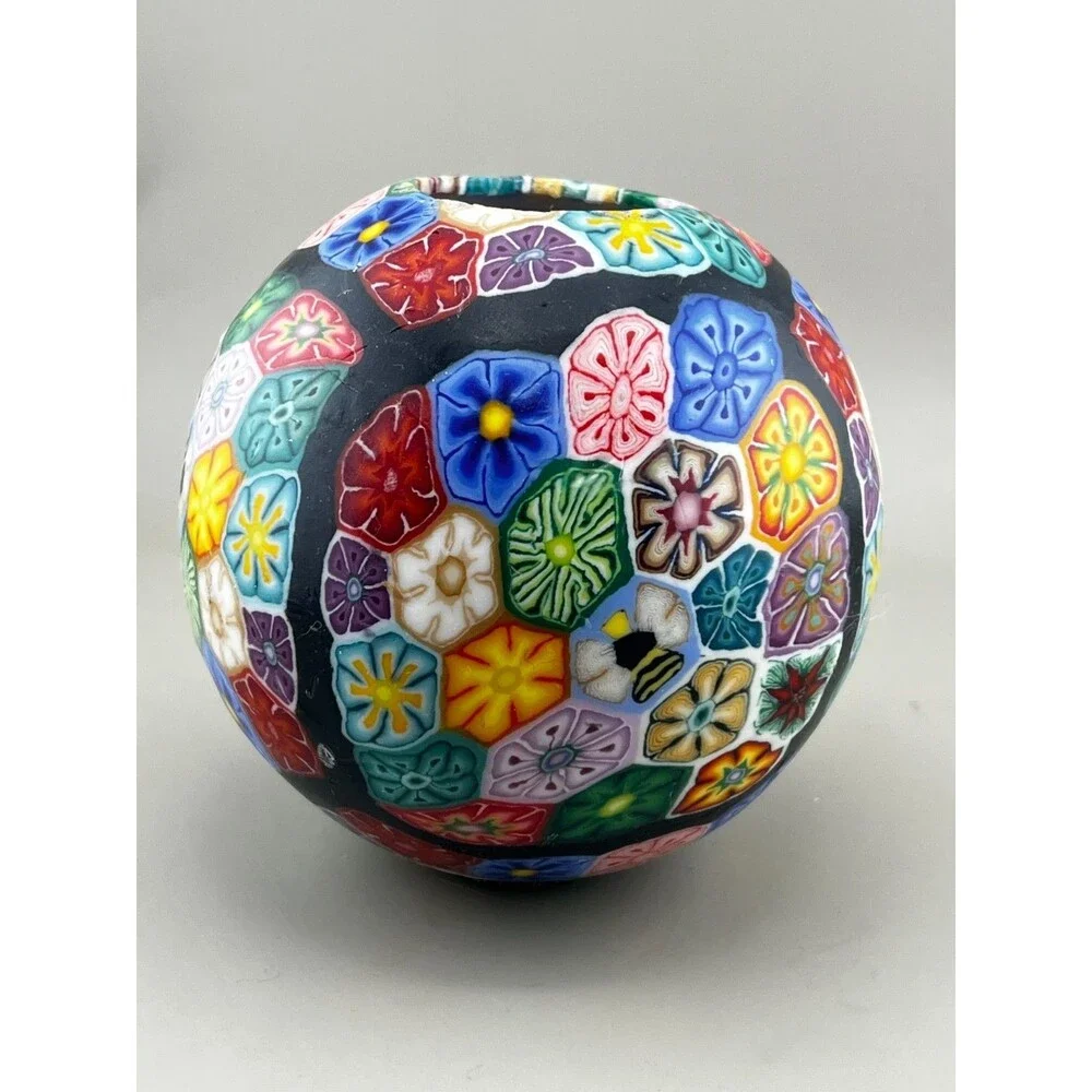 Stone Candles Millefiori Flowers Bee Pattern Candle Handmade USA Vtg Colorful